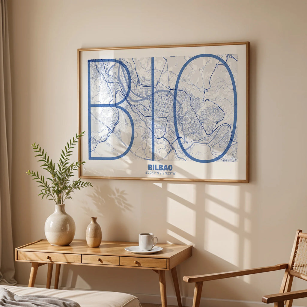 Modern interior design with a Bilbao in Ultralight design, a minimalist aesthetic combining urban cartography with modern, extra-thin elegant lettering designed in navy blue and white, displayed on a living room wall