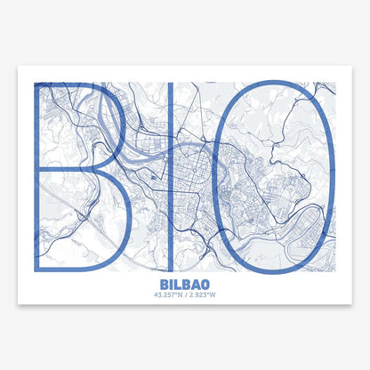 The map of Bilbao composed with letters in extra light font printed on navy blue and white