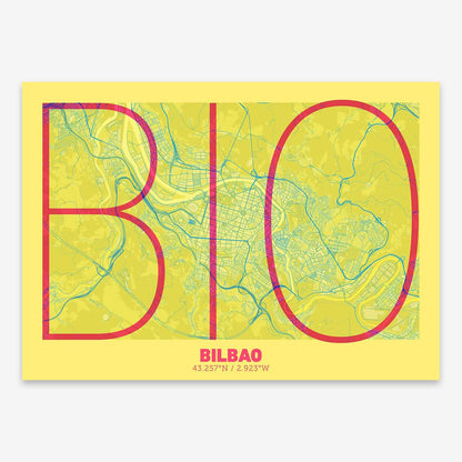 The map of Bilbao composed with letters in extra light font printed on yellow and fuchsia