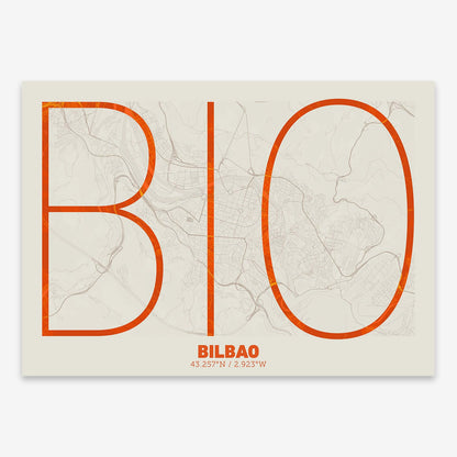 The map of Bilbao composed with letters in extra light font printed on orange and an off-white background