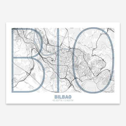 The map of Bilbao composed with letters in extra light font printed on black and white