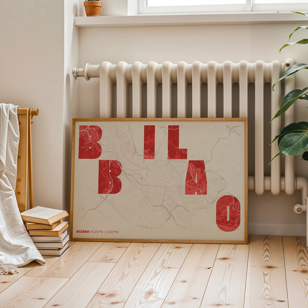 Modern interior design with a Bilbao in Unruled design, where the city name letters appear randomly across different lines for a truly original urban layout designed in red and an off-white background, displayed on a living room wall