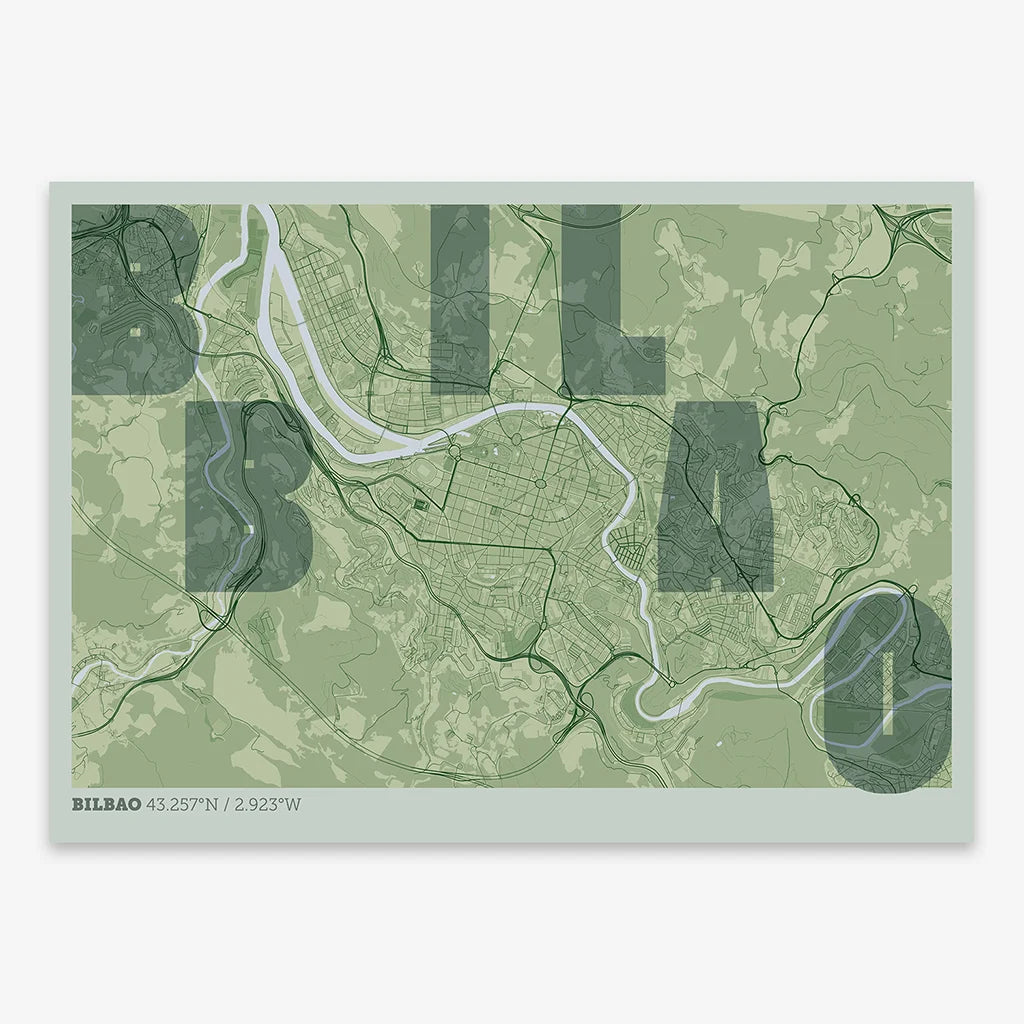 Decorative print of  with letters of its name placed randomly, designed in two green tones