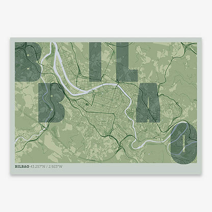 Decorative print of  with letters of its name placed randomly, designed in two green tones