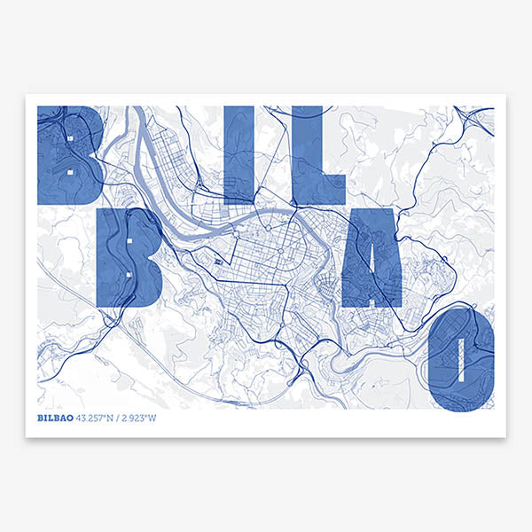 Decorative print of  with letters of its name placed randomly, designed in navy blue and white