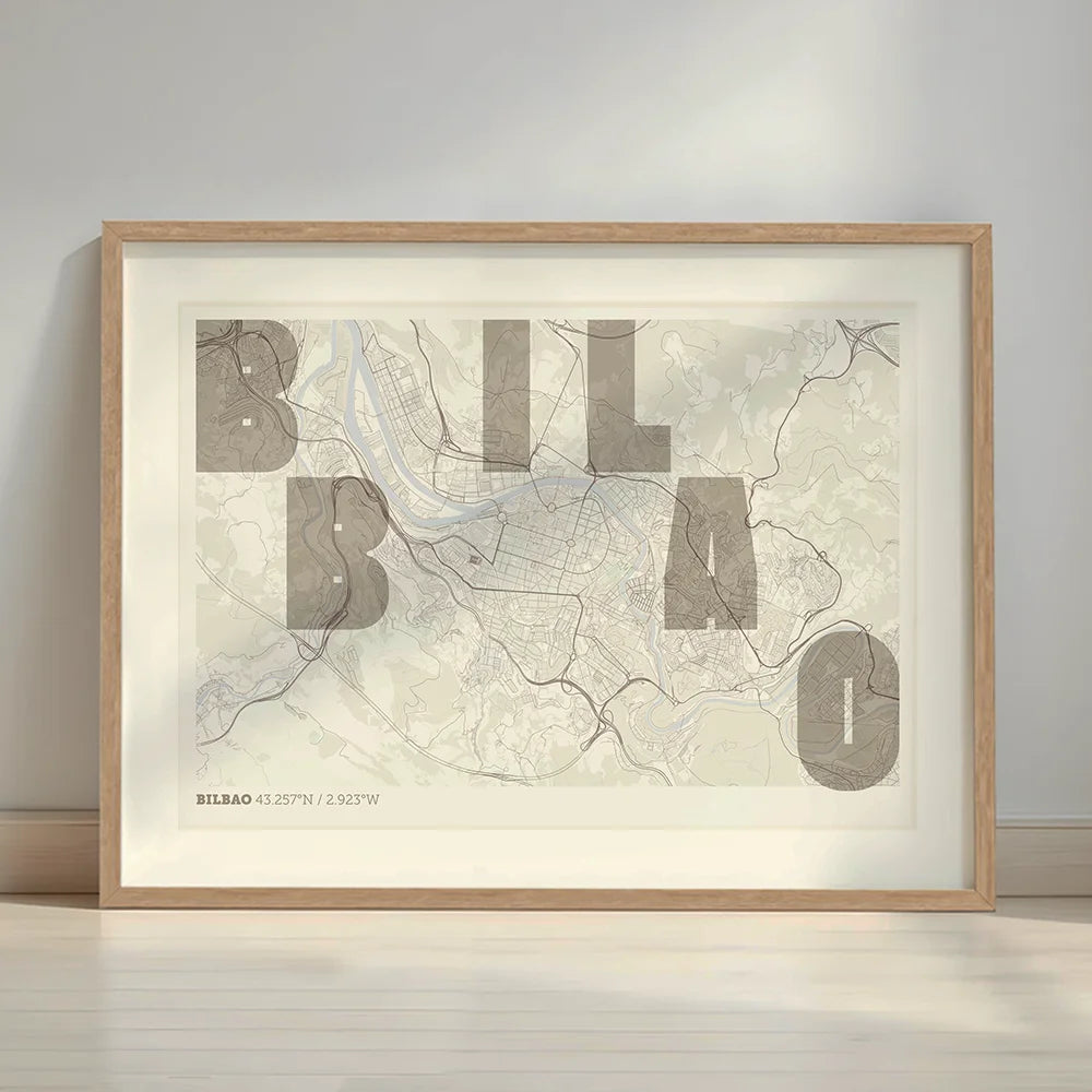 Framed Bilbao in Unruled design, where the city name letters appear randomly across different lines for a truly original urban layout designed in light brown and an off-white background with a white margin border in a warm lit minimalist setting