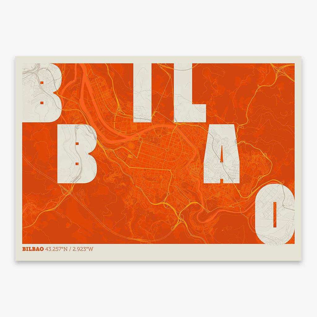 Decorative print of  with letters of its name placed randomly, designed in orange and an off-white background