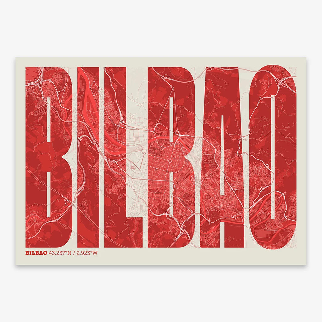 Decorative map of  and letters of its name in a giclée print designed in red and an off-white background