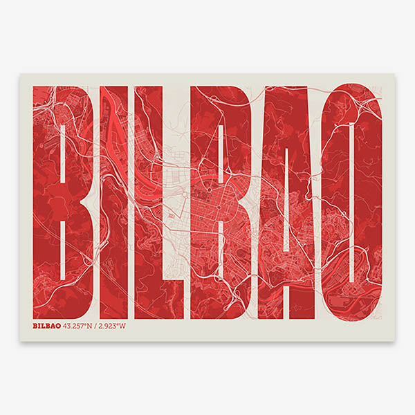 Decorative map of  and letters of its name in a giclée print designed in red and an off-white background