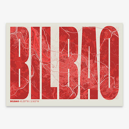 Decorative map of  and letters of its name in a giclée print designed in red and an off-white background