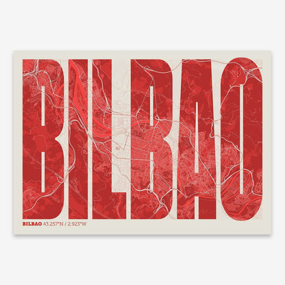 The map of Bilbao and letters of its name in a giclée print designed in two green tones
