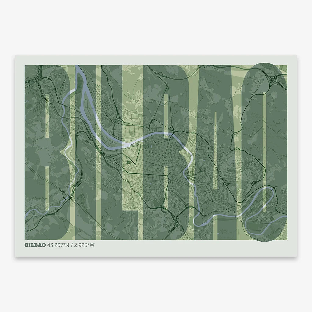 Decorative map of  and letters of its name in a giclée print designed in two green tones