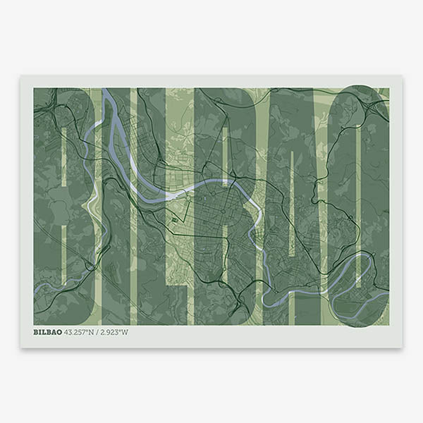 Decorative map of  and letters of its name in a giclée print designed in two green tones