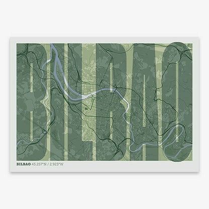 Decorative map of  and letters of its name in a giclée print designed in two green tones