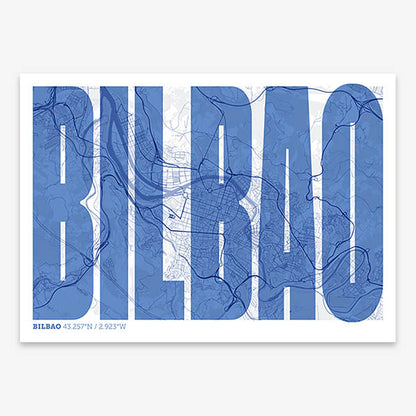 Decorative map of  and letters of its name in a giclée print designed in navy blue and white