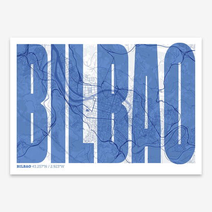 The map of Bilbao and letters of its name in a giclée print designed in yellow and fuchsia