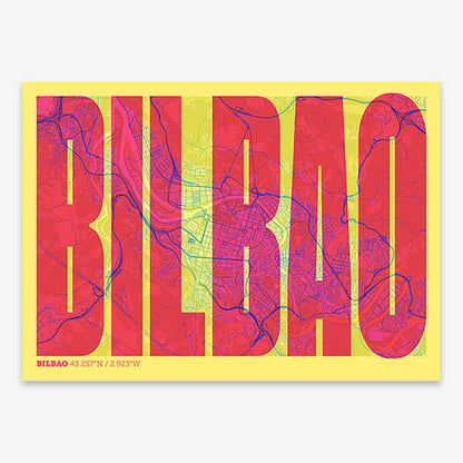 Decorative map of  and letters of its name in a giclée print designed in yellow and fuchsia