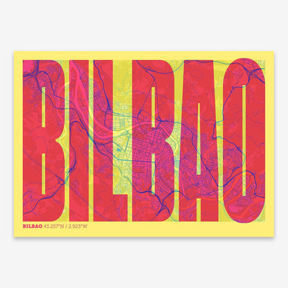 The map of Bilbao and letters of its name in a giclée print designed in black and yellow