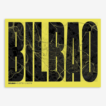 The map of Bilbao and letters of its name in a giclée print designed in pink and light blue