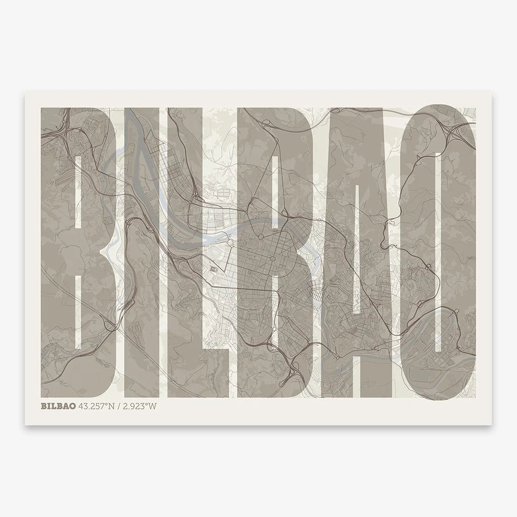 Decorative map of  and letters of its name in a giclée print designed in light brown and an off-white background