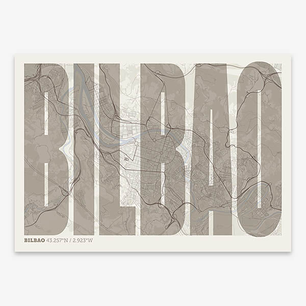 Decorative map of  and letters of its name in a giclée print designed in light brown and an off-white background