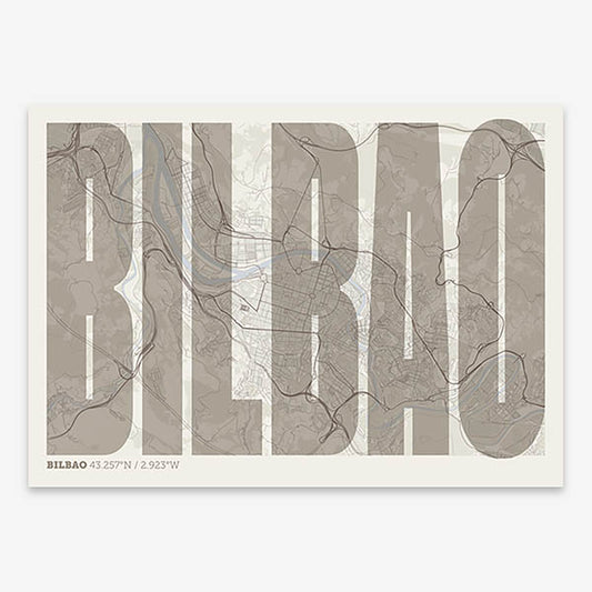 Decorative map of  and letters of its name in a giclée print designed in light brown and an off-white background