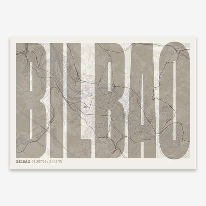The map of Bilbao and letters of its name in a giclée print designed in bluish gray and an off-white background
