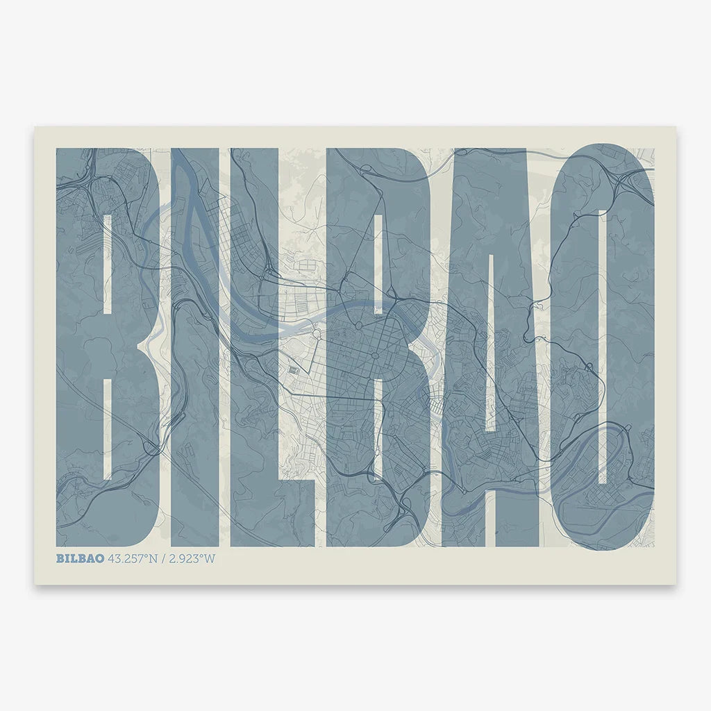 Decorative map of  and letters of its name in a giclée print designed in bluish gray and an off-white background