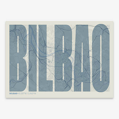 Decorative map of  and letters of its name in a giclée print designed in bluish gray and an off-white background