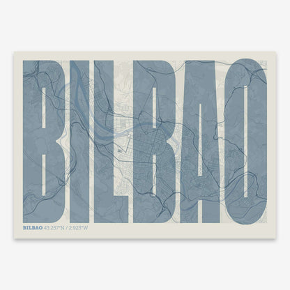 The map of Bilbao and letters of its name in a giclée print designed in purple and light blue