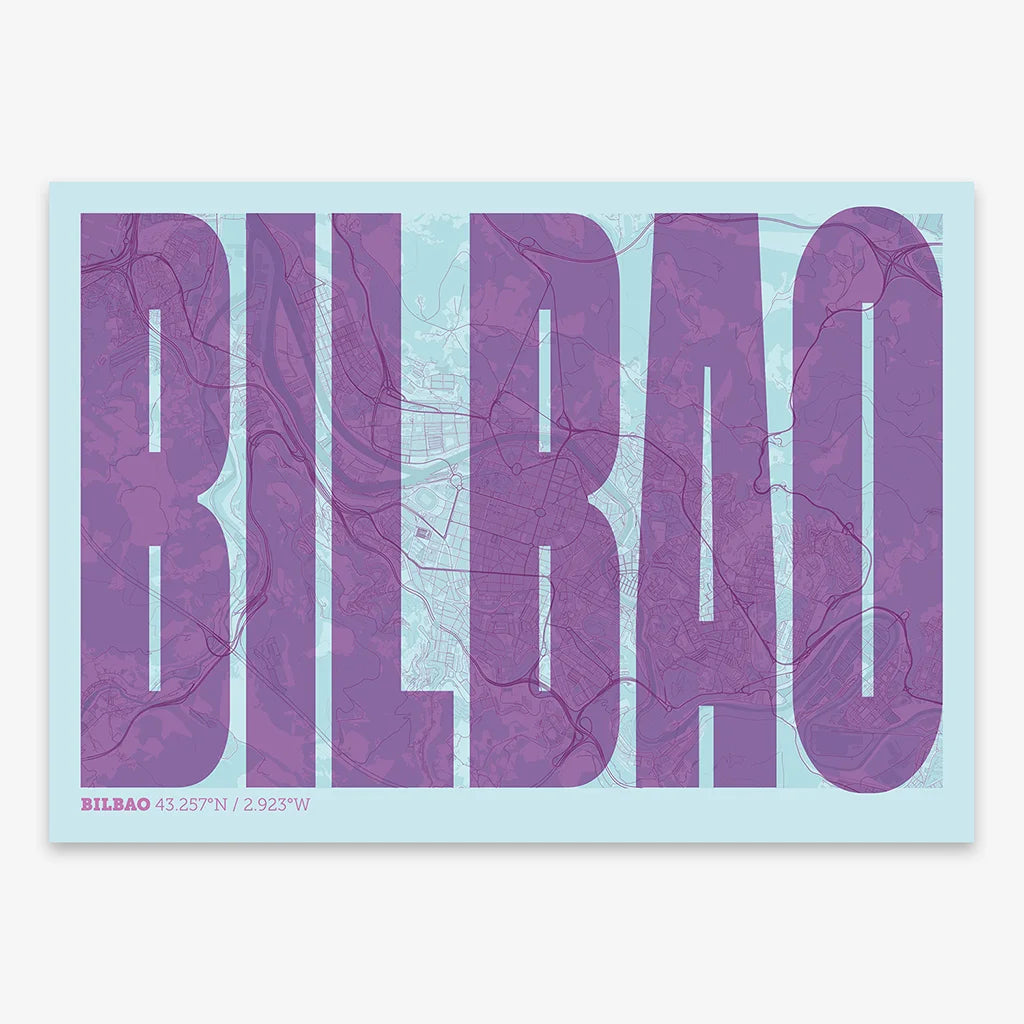 Decorative map of  and letters of its name in a giclée print designed in purple and light blue