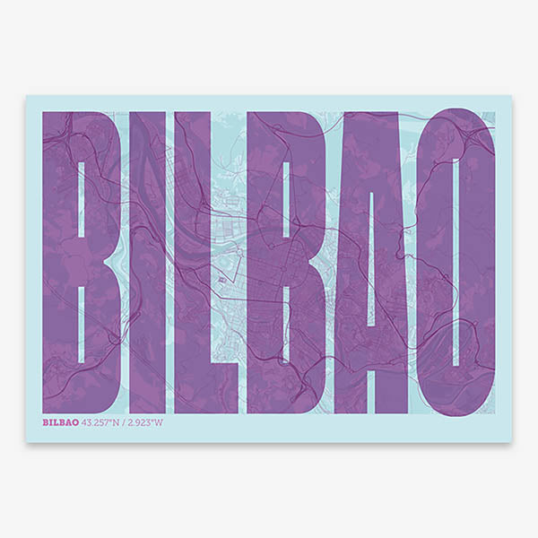 Decorative map of  and letters of its name in a giclée print designed in purple and light blue