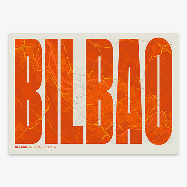 Decorative map of  and letters of its name in a giclée print designed in orange and an off-white background
