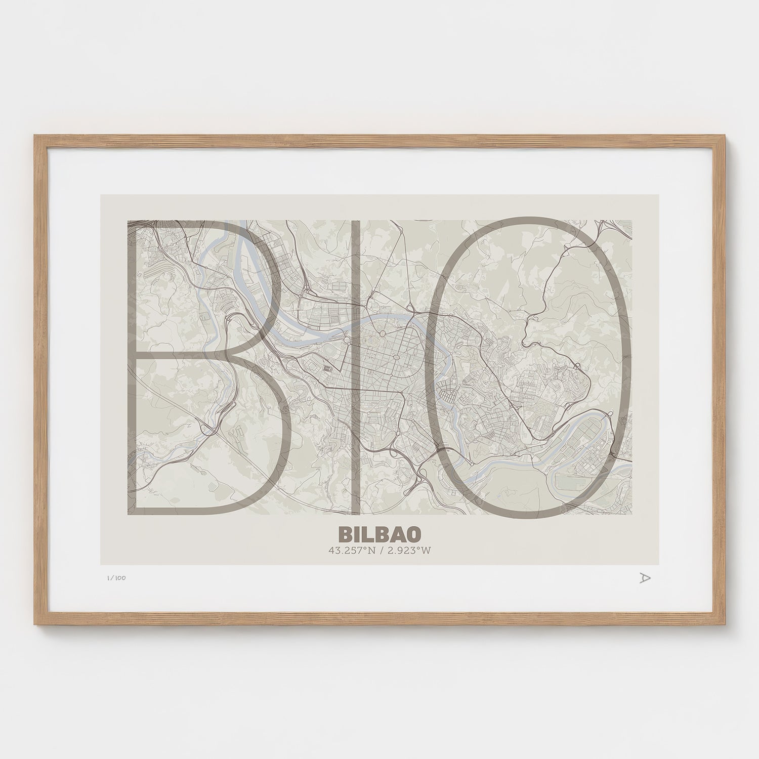 Lámina tipográfica de Bilbao – diseño Ultrafina, marco de madera natural