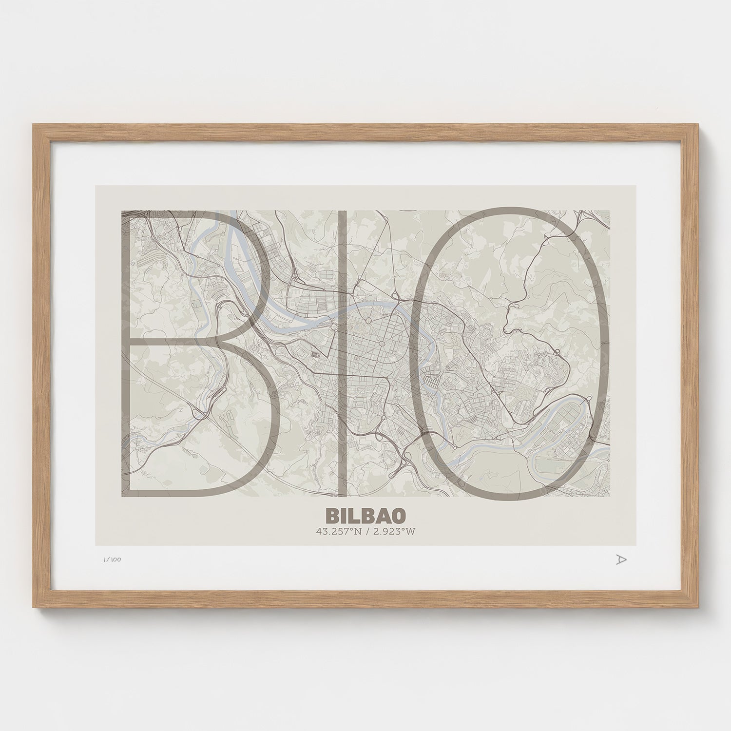 Lámina tipográfica de Bilbao – diseño Ultrafina, marco de madera natural