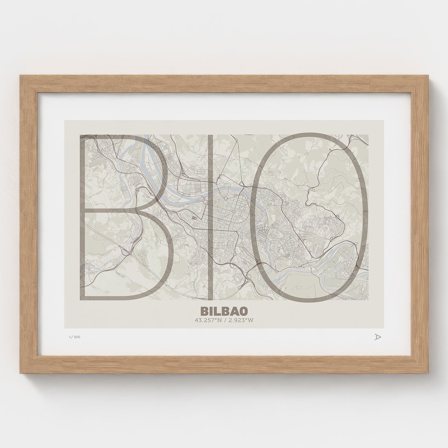Lámina tipográfica de Bilbao – diseño Ultrafina, marco de madera natural