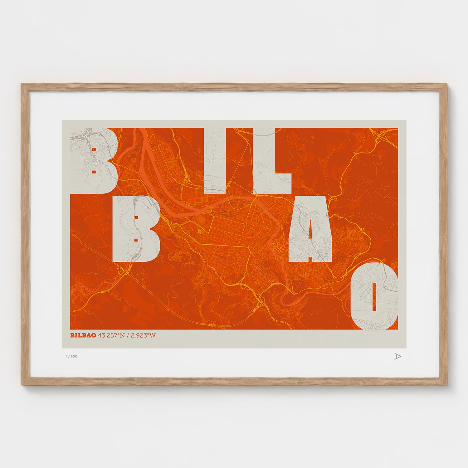 Lámina tipográfica de Bilbao – diseño Revoltosa, marco de madera natural