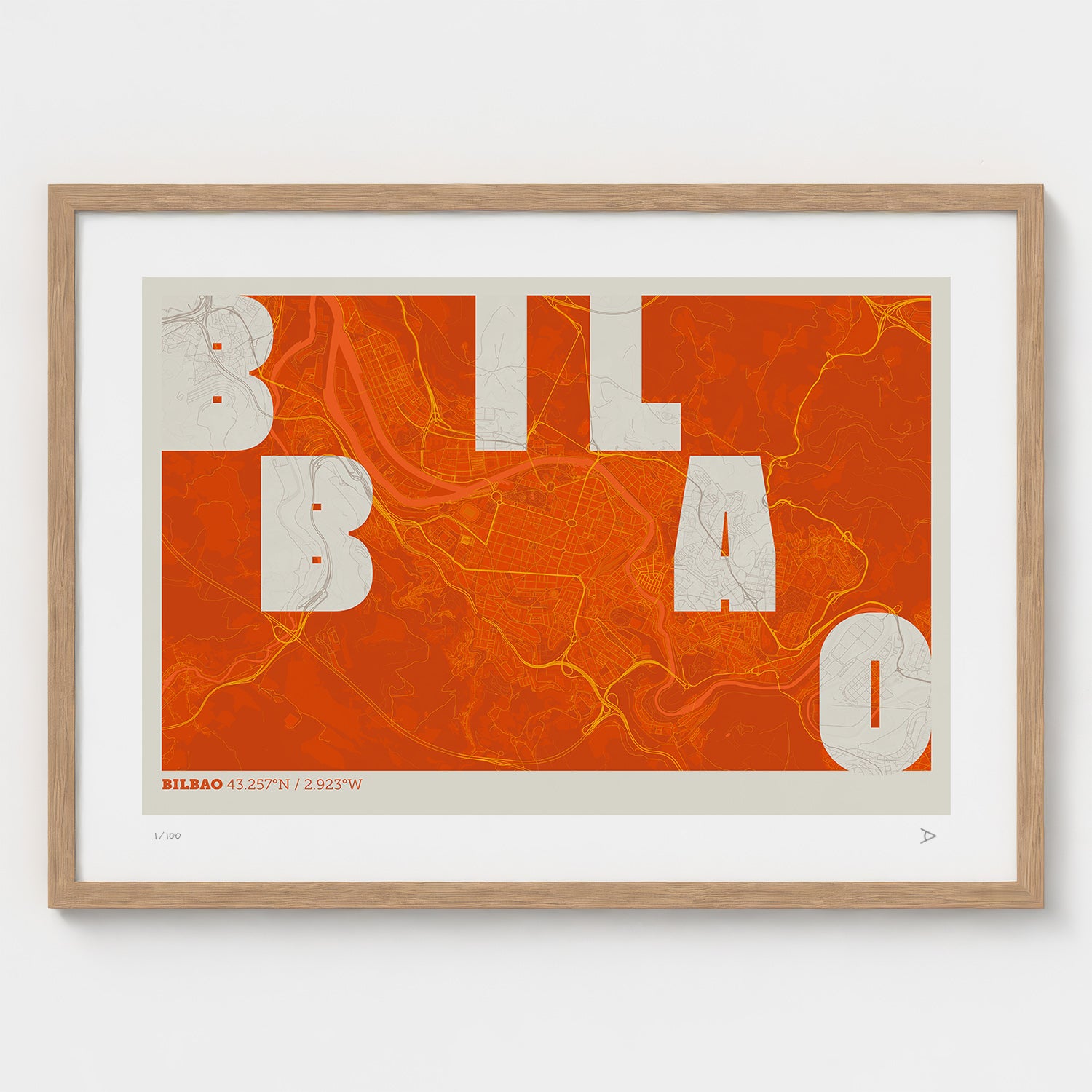 Lámina tipográfica de Bilbao – diseño Revoltosa, marco de madera natural