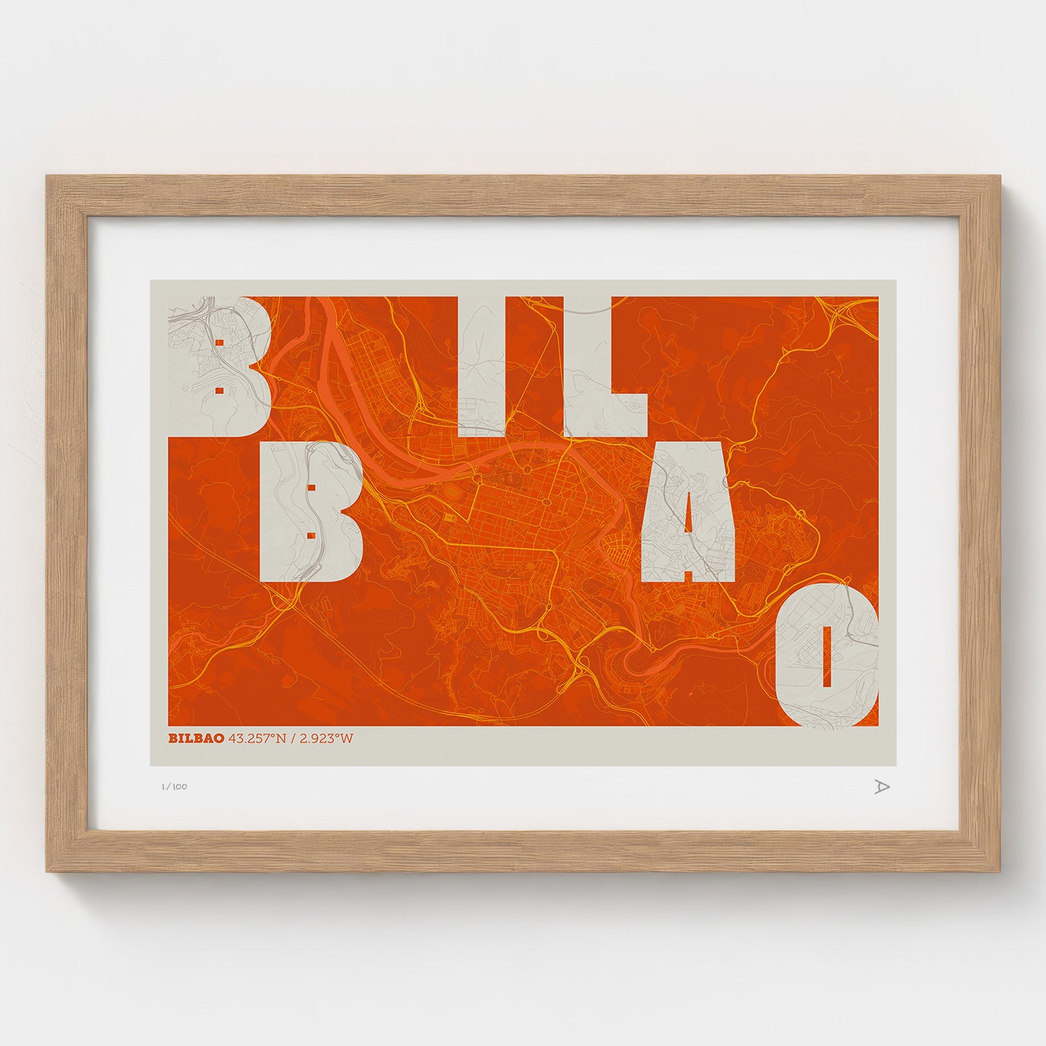 Lámina tipográfica de Bilbao – diseño Revoltosa, marco de madera natural
