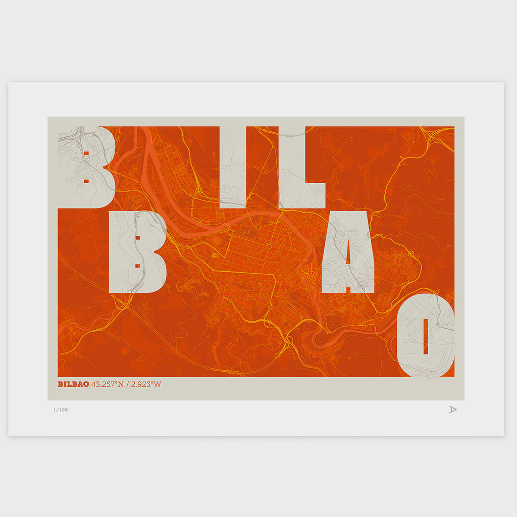Lámina tipográfica de Bilbao – diseño Revoltosa, sin marco sobre papel