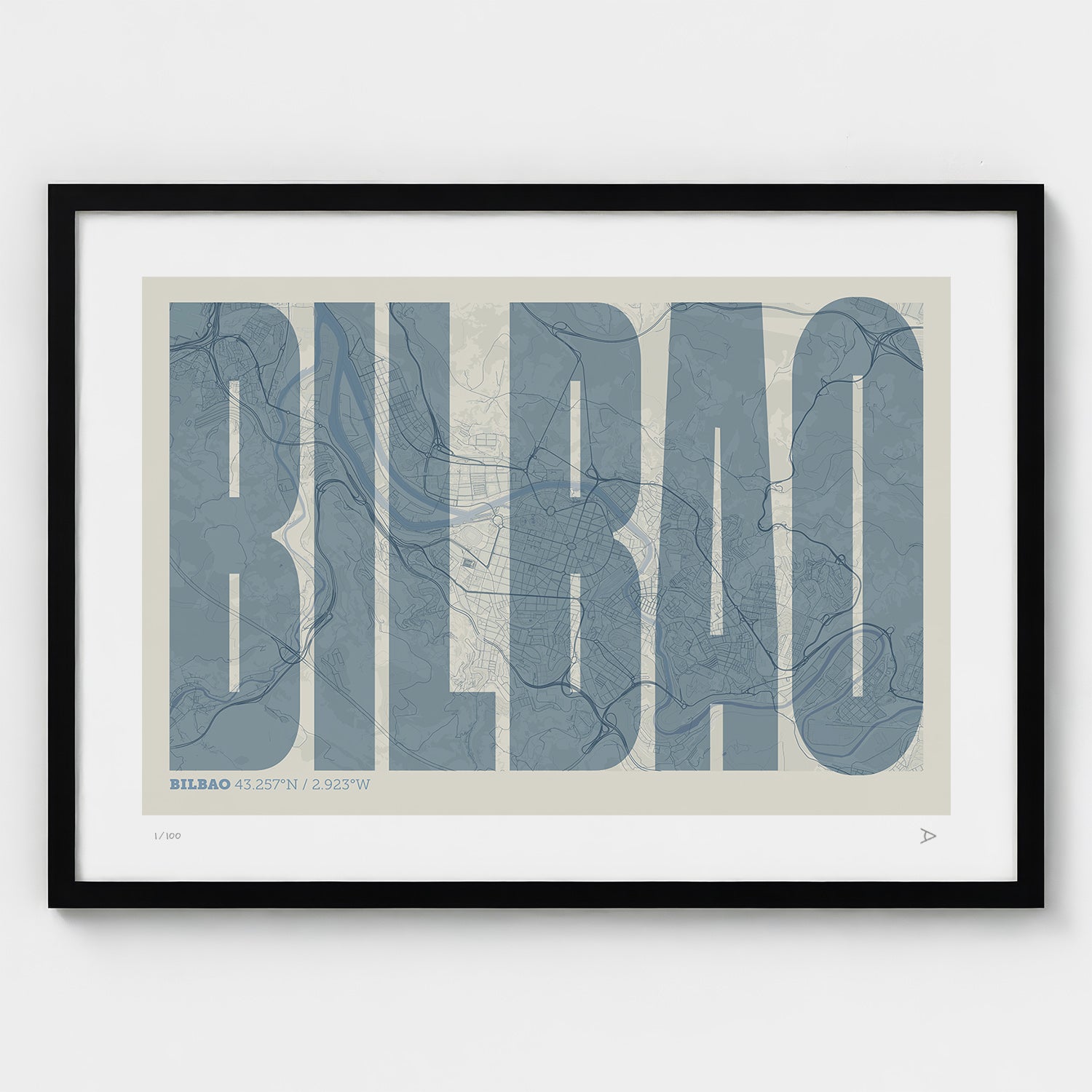 Lámina tipográfica de Bilbao – diseño Extra Comprimida, marco negro