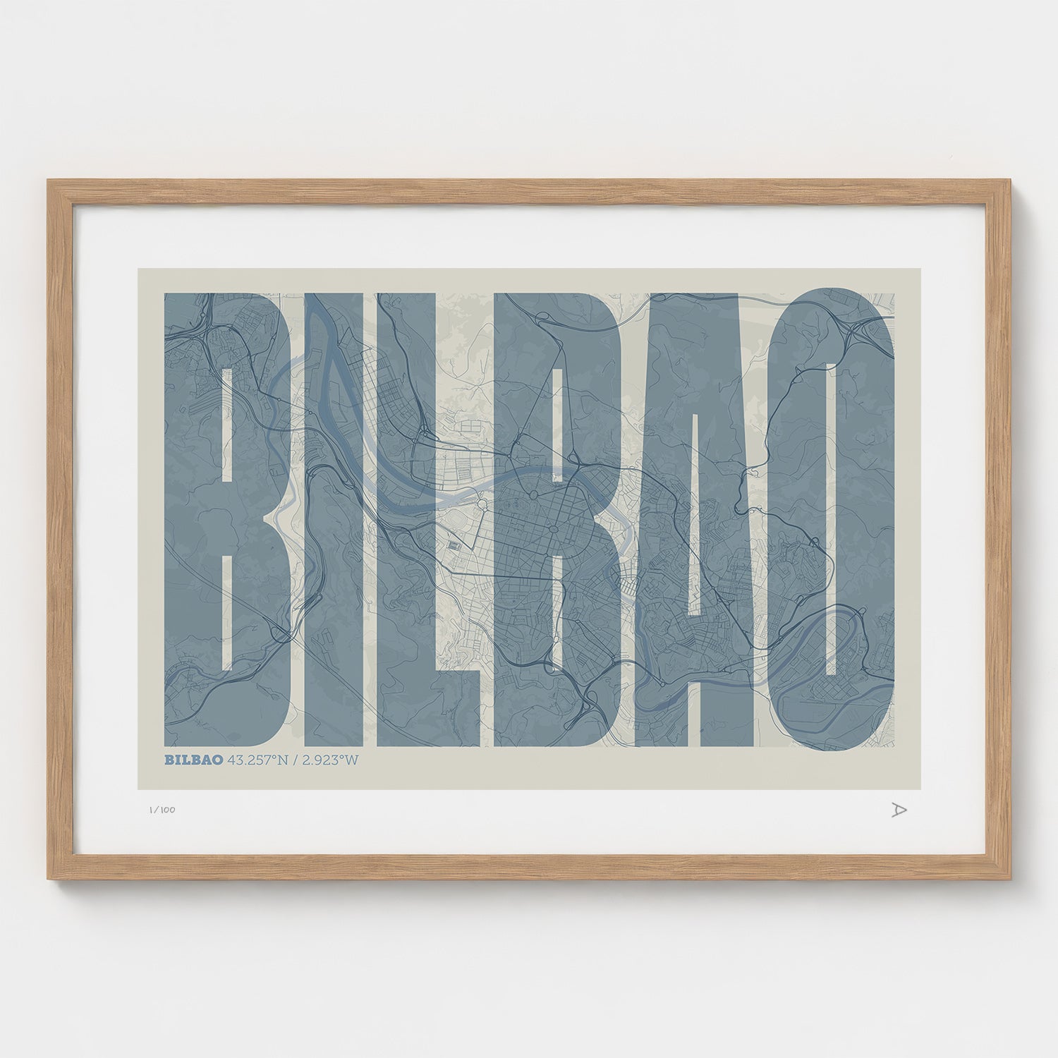 Lámina tipográfica de Bilbao – diseño Extra Comprimida, marco de madera natural