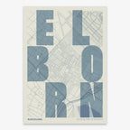 Mapa del Born, Barcelona, en el diseño la Revoltosa, donde las letras del nombre aparecen aleatoriamente en diferentes líneas para un diseño urbano realmente original diseñado en gris azulado y fondo blanco roto