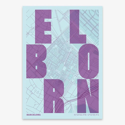 Mapa del Born, Barcelona, en el diseño la Revoltosa, donde las letras del nombre aparecen aleatoriamente en diferentes líneas para un diseño urbano realmente original diseñado en púrpura y azul claro