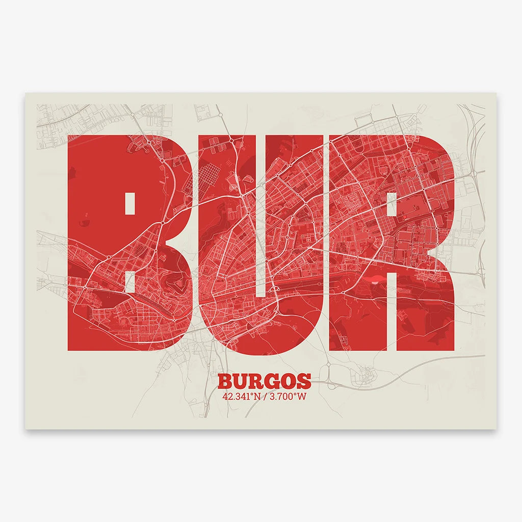 Decorative print of  composed with letters in a heavy geometric font printed on red and an off-white background