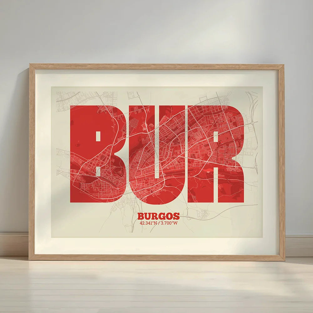 Framed Burgos in Super Bold design, a typographic poster where the city map is overlaid with extra-thick lettering for a modern, high-impact look designed in red and an off-white background with a white margin border in a warm lit minimalist setting