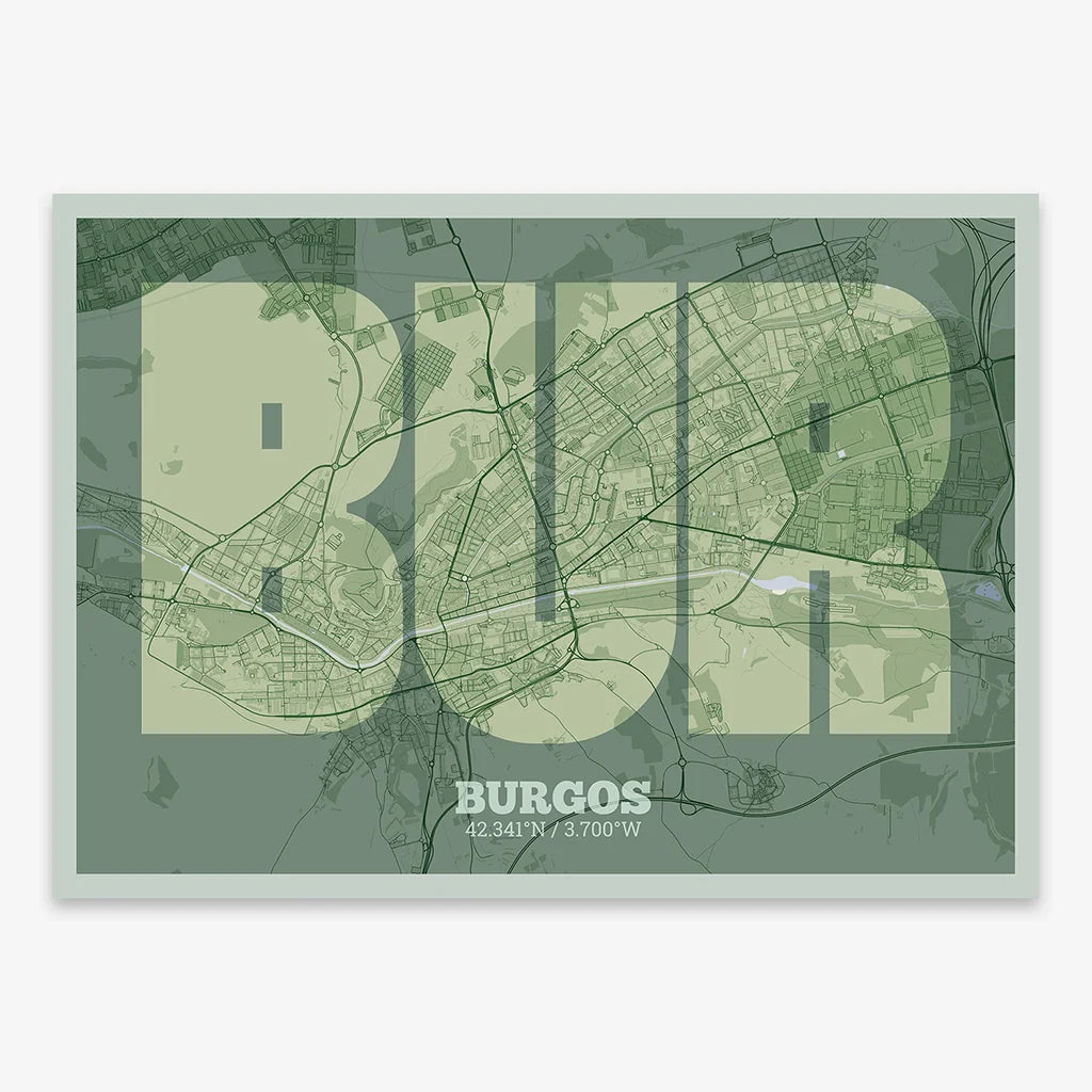 Decorative print of  composed with letters in a heavy geometric font printed on two green tones