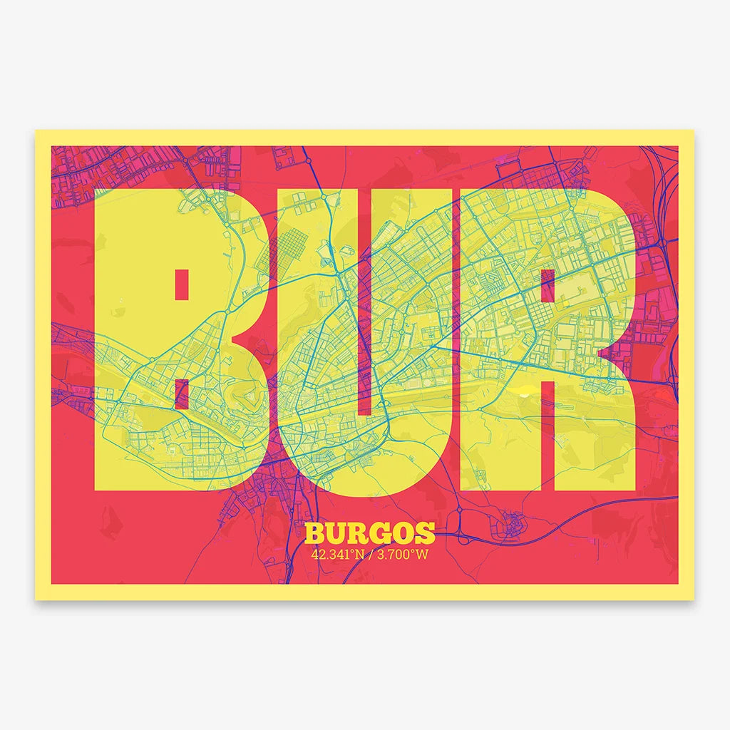 Decorative print of  composed with letters in a heavy geometric font printed on yellow and fuchsia