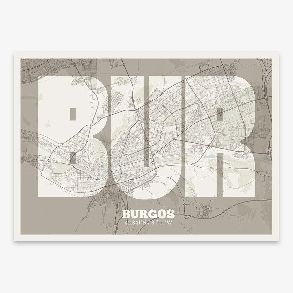 Decorative print of  composed with letters in a heavy geometric font printed on light brown and an off-white background