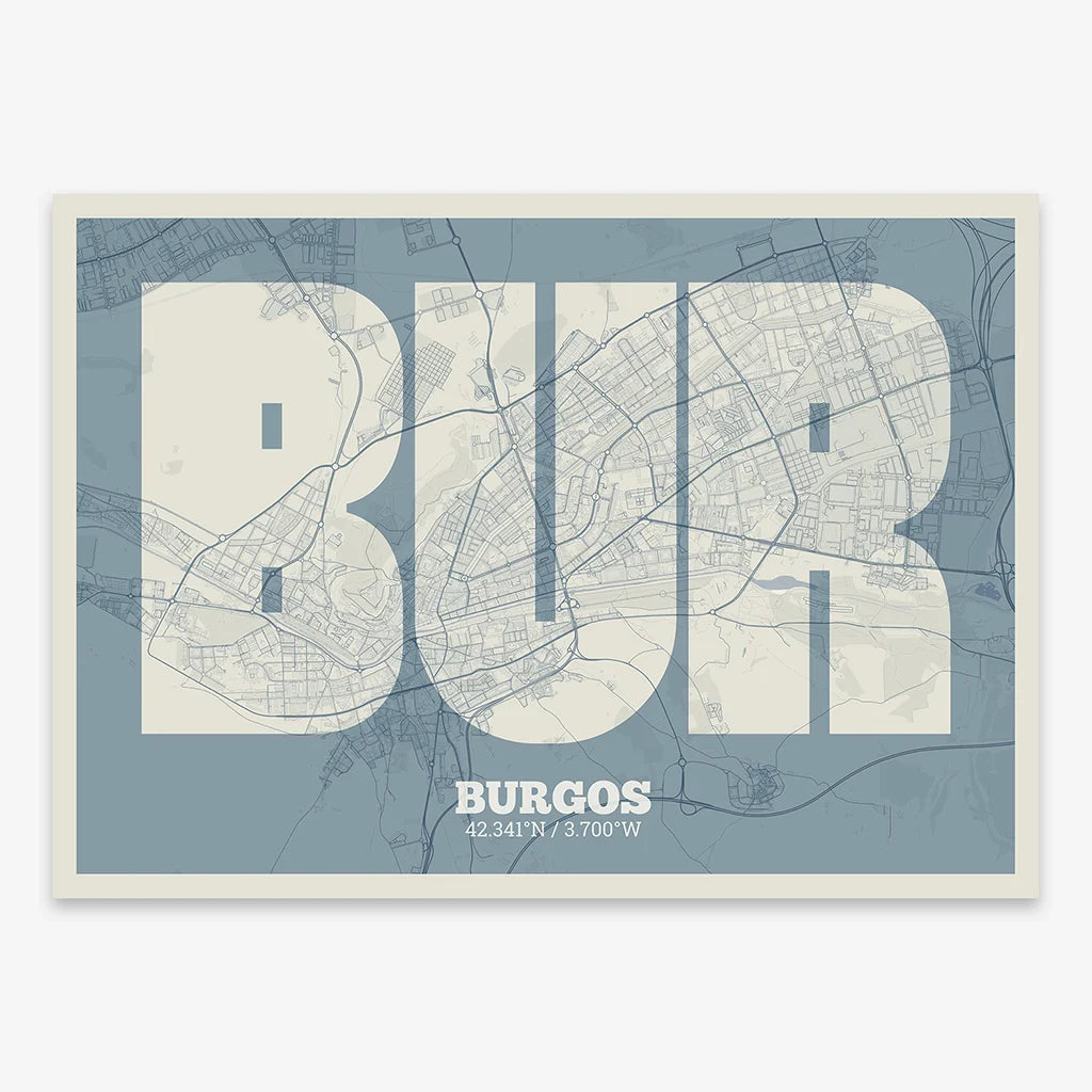 Decorative print of  composed with letters in a heavy geometric font printed on bluish gray and an off-white background